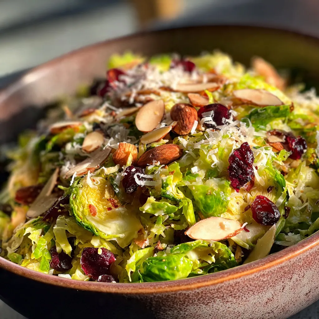 Fresh ingredients arranged on a wooden board: shaved Brussels sprouts, lemon wedges, and a block of Parmesan cheese.