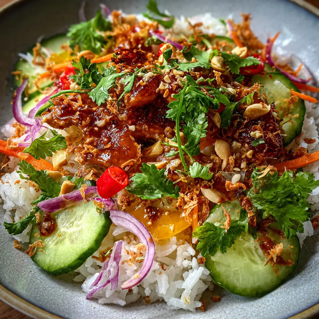 Finished Satay Crispy Rice Salad plated with lime wedges and fresh herbs on a colorful dish