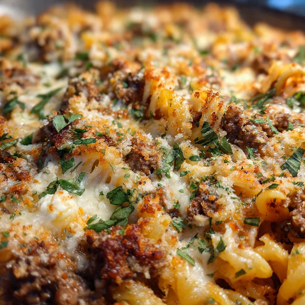 A served plate of the pasta bake next to a simple green salad and garlic bread