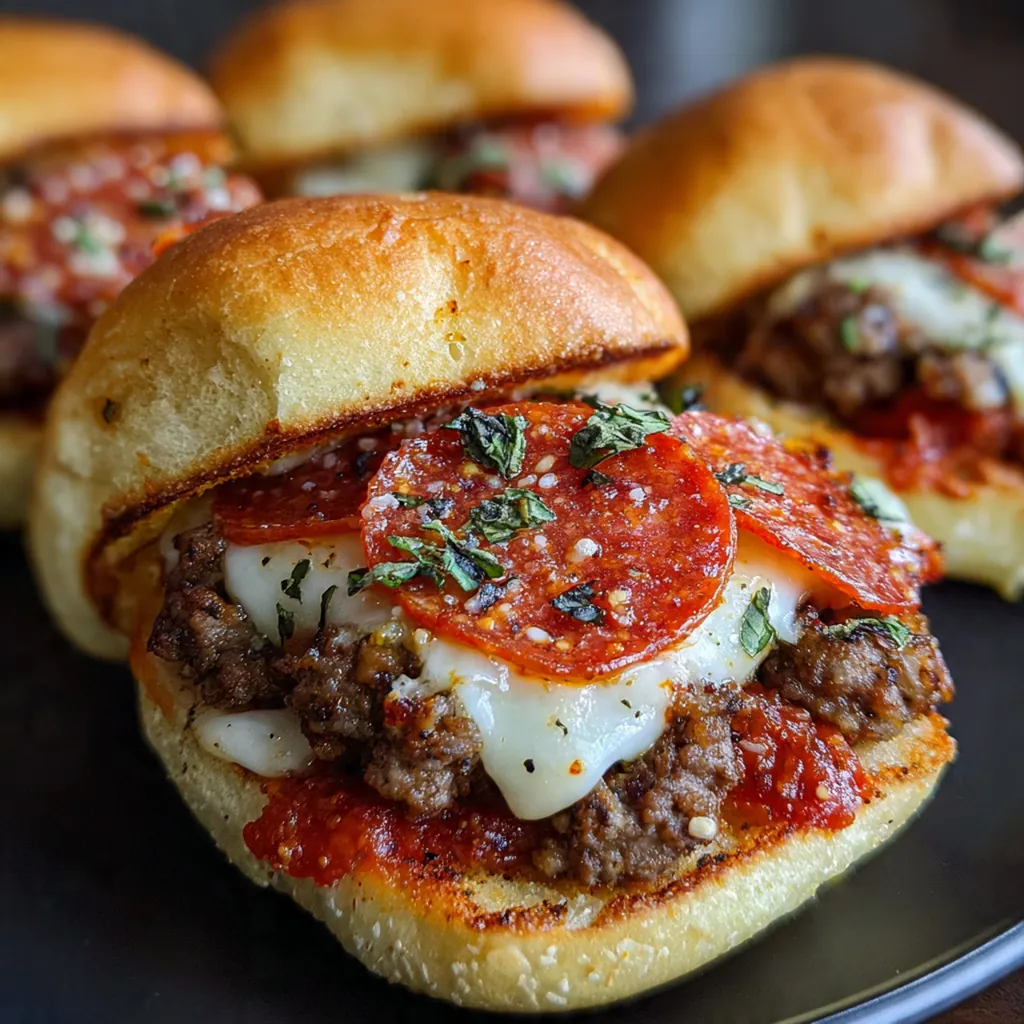 Overhead shot of assembled Pizza Burgers ready to serve with optional toppings like black olives and basil