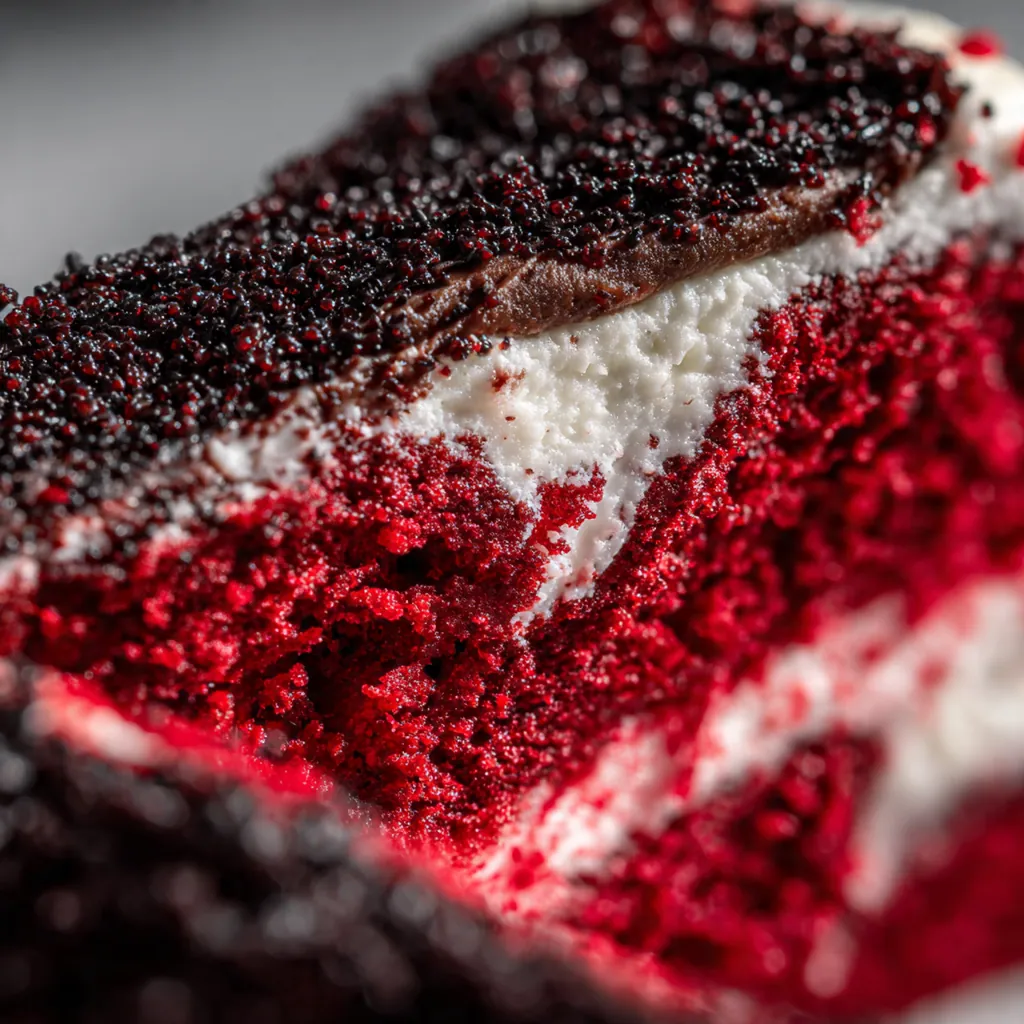Close-up of a vampire cupcake with plastic teeth sunk into red-tinted cream cheese frosting