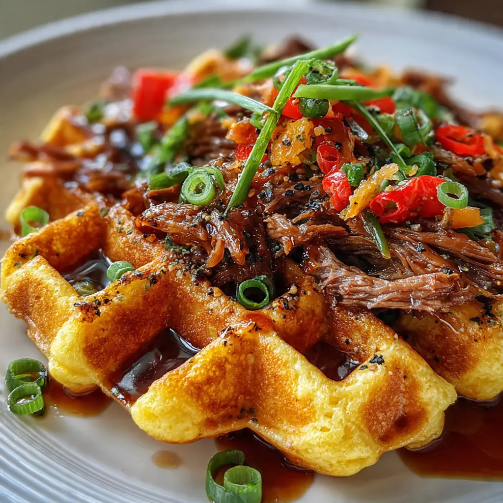 A beautifully plated brunch with a golden waffle, rich brisket, and garnishes of fresh thyme and pickled onions