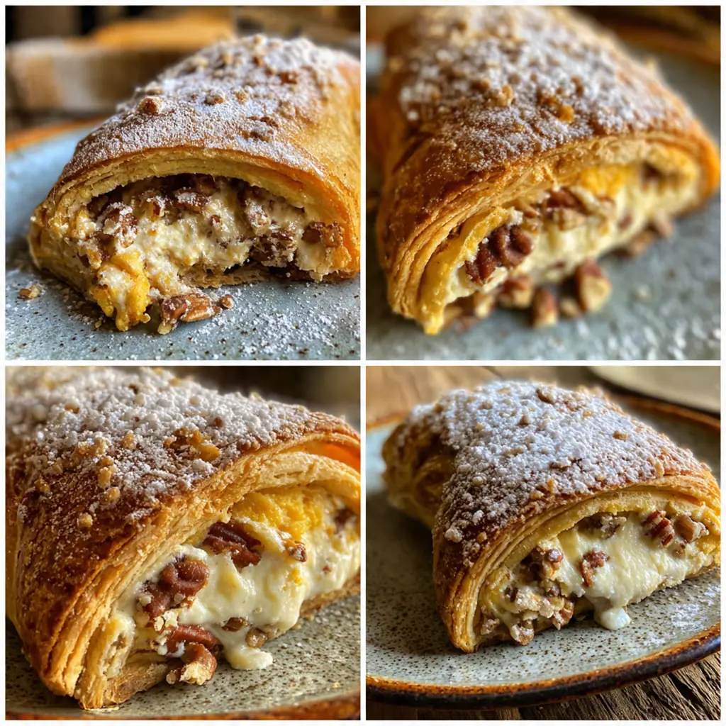 A stack of crescent pumpkin pastries on a white plate, ready to be served at a fall brunch