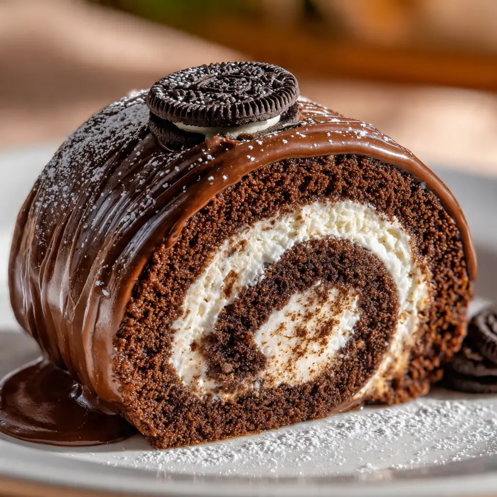 Whole Oreo cream chocolate roll dusted with powdered sugar and drizzled with chocolate on a rustic wood board