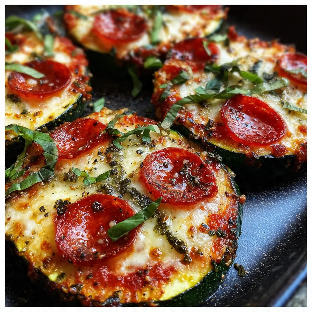 Overhead shot of ingredients for zucchini pizza bites: fresh zucchini, sauce, cheese, and herbs on a kitchen counter