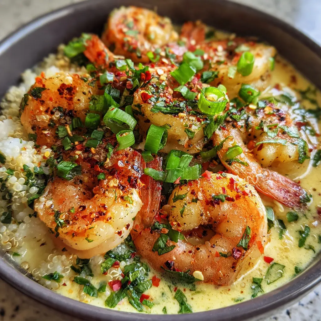 Overhead view of a prepared creamy garlic butter shrimp bowl with a lemon wedge and fresh herbs
