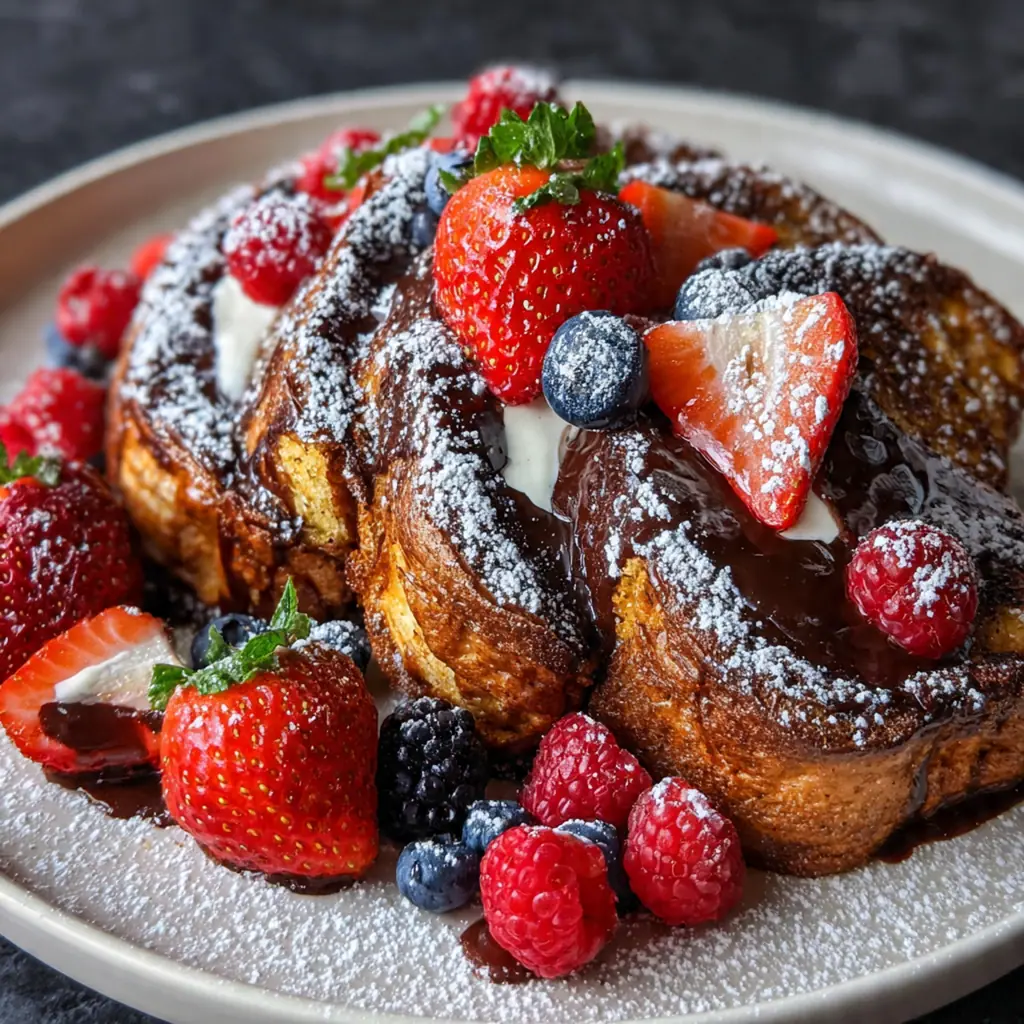 Ingredients for chocolate croissant french toast including sliced croissants, chocolate chunks, and a custard mixture