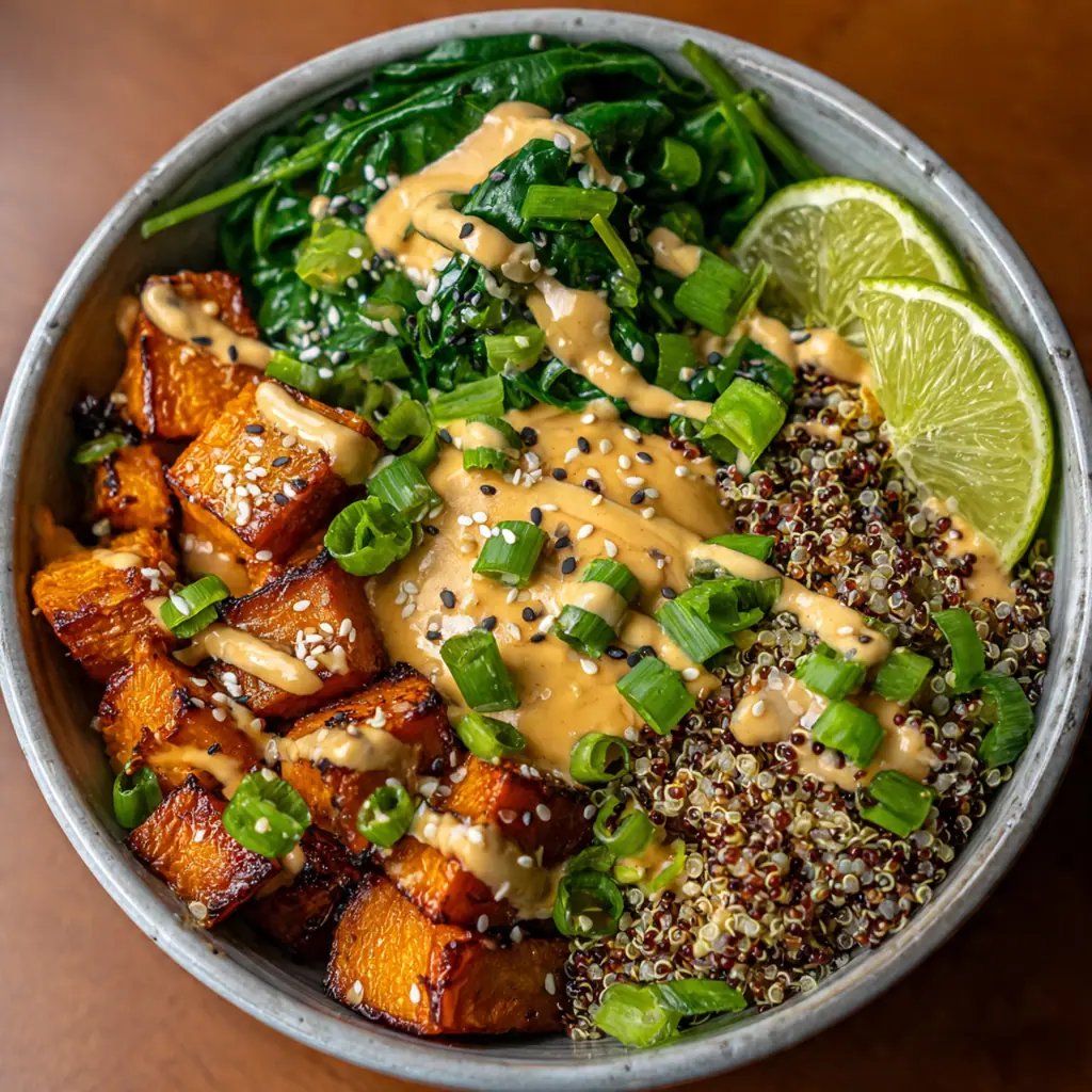 Creamy miso tahini dressing being drizzled over a vibrant bowl of roasted sweet potatoes and fresh toppings
