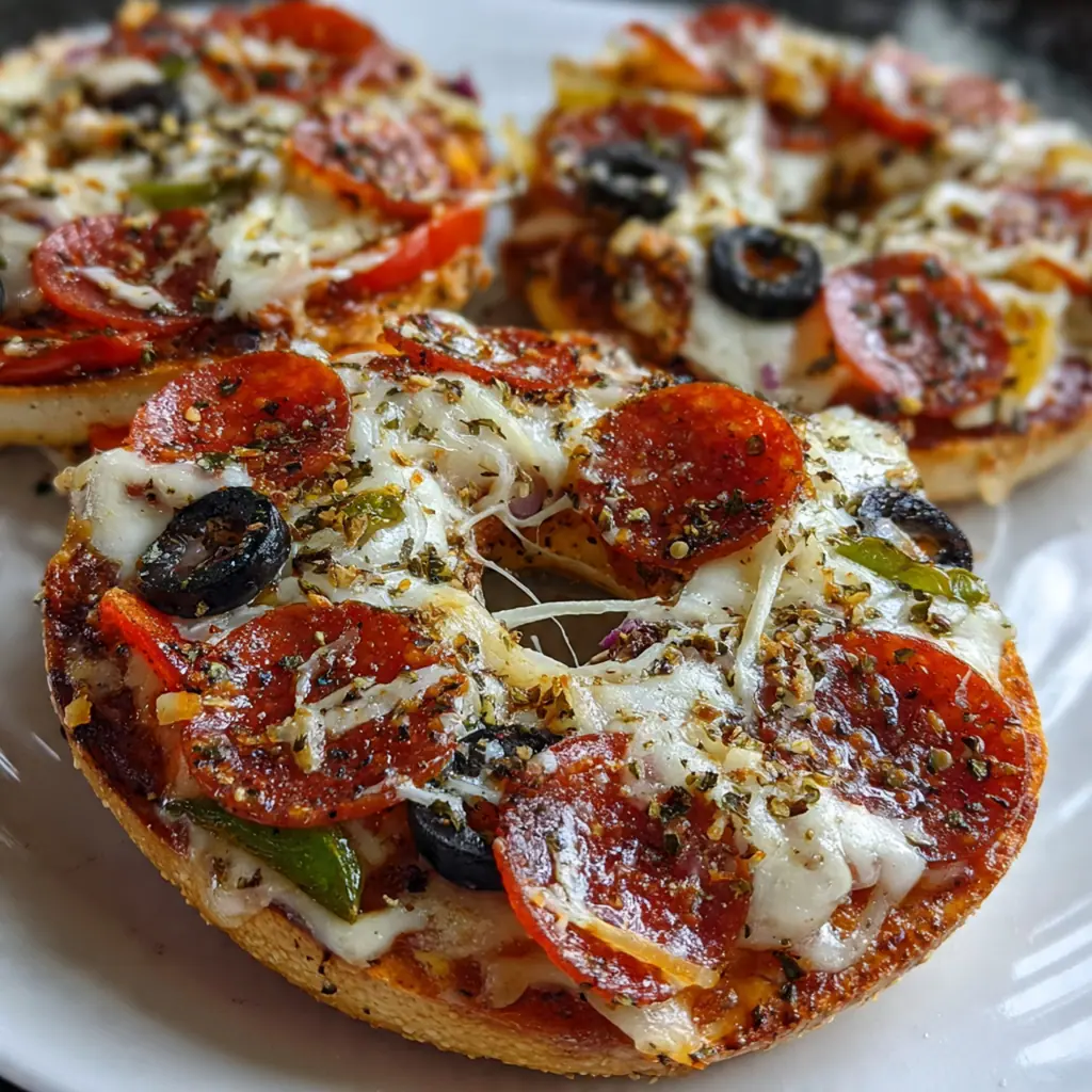 Close-up of bubbly mozzarella and marinara on a crispy bagel slice