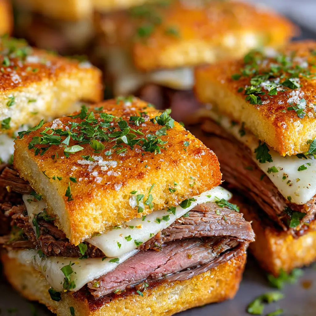 Close-up of a sandwich with melted provolone cheese and caramelized onions spilling out the side