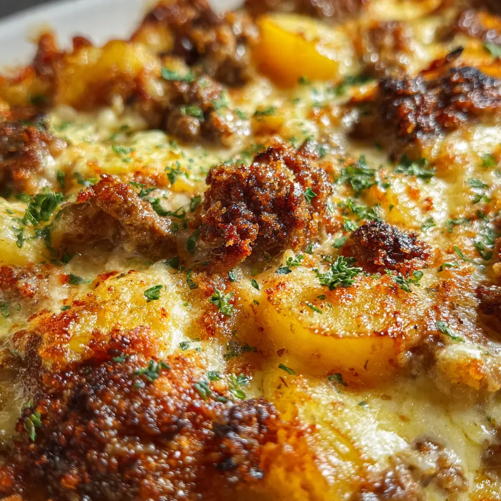 Close-up of a serving spoon cutting through cheesy layers of beef, potatoes, and sauce