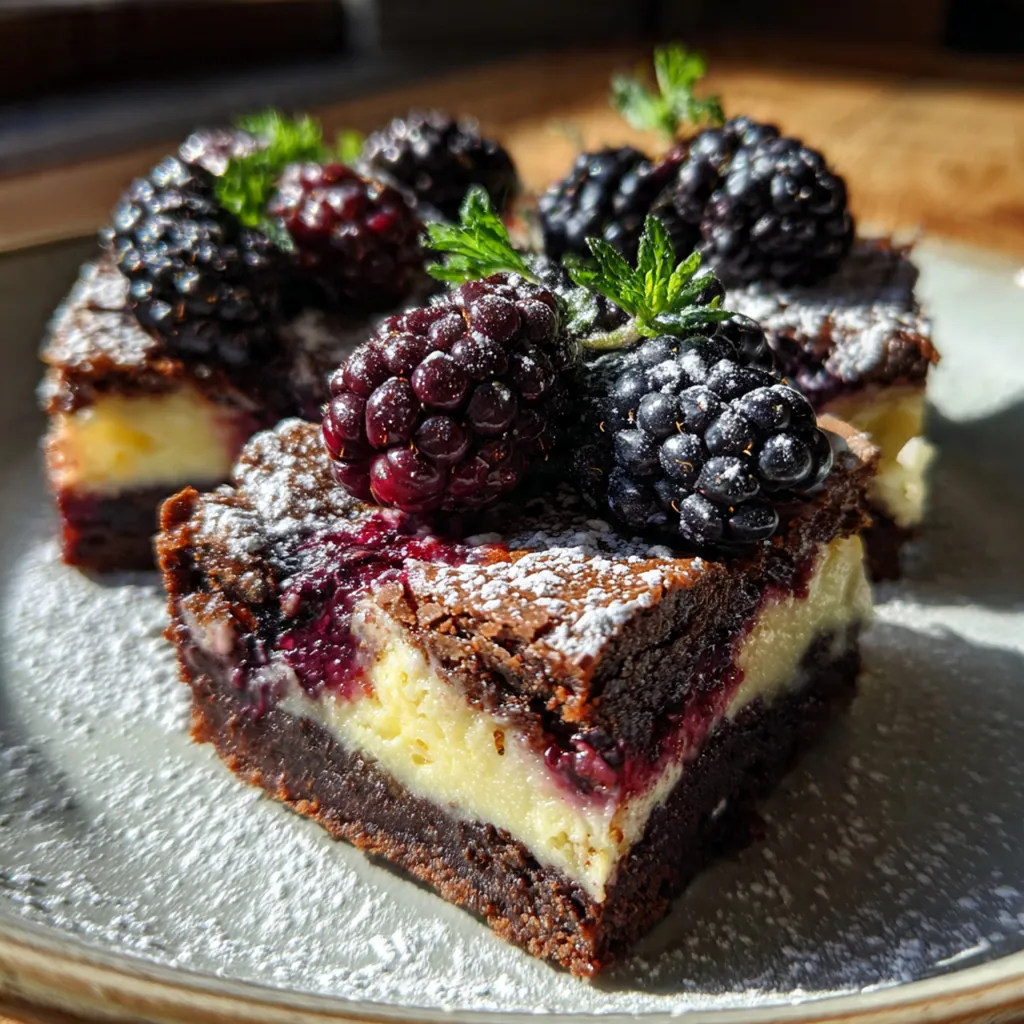Close up of blackberry cheesecake brownie with gooey cheesecake swirl and juicy blackberry peeking through
