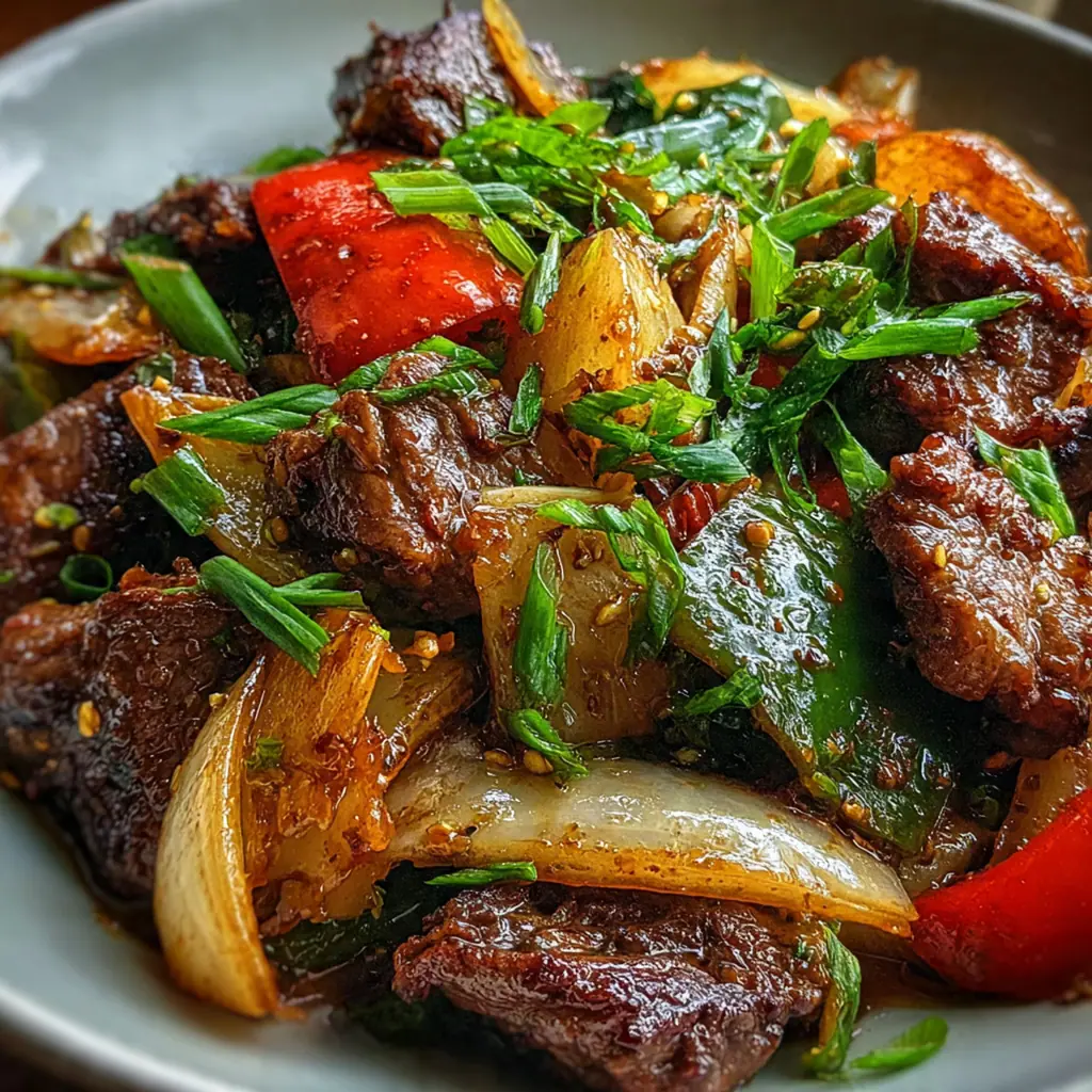 A complete dinner plate with oyster sauce beef onion stir-fry served over fluffy white rice