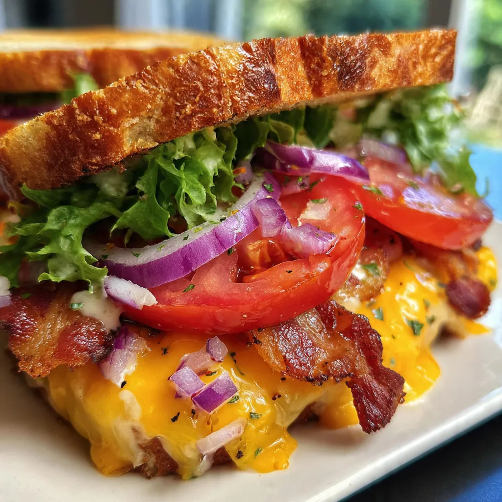 Close-up of a grilled sandwich with melted cheddar cheese oozing out around crispy bacon strips.