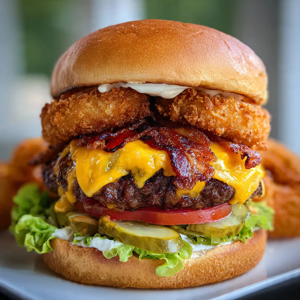 Close-up of a crispy onion ring broken open to show the cheesy beef and bacon filling