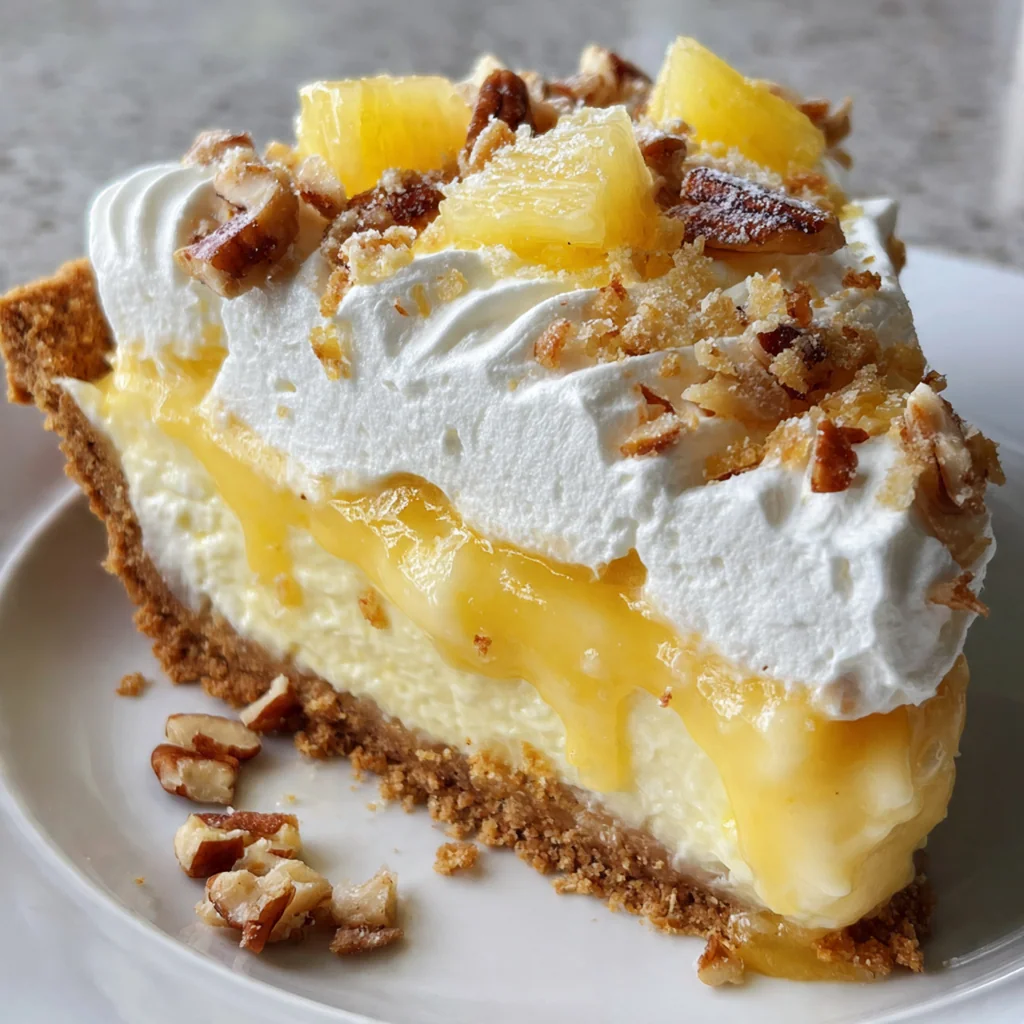 Creamy filling with crushed pineapple, coconut, and pecans inside a slice of chilled Million Dollar Pie