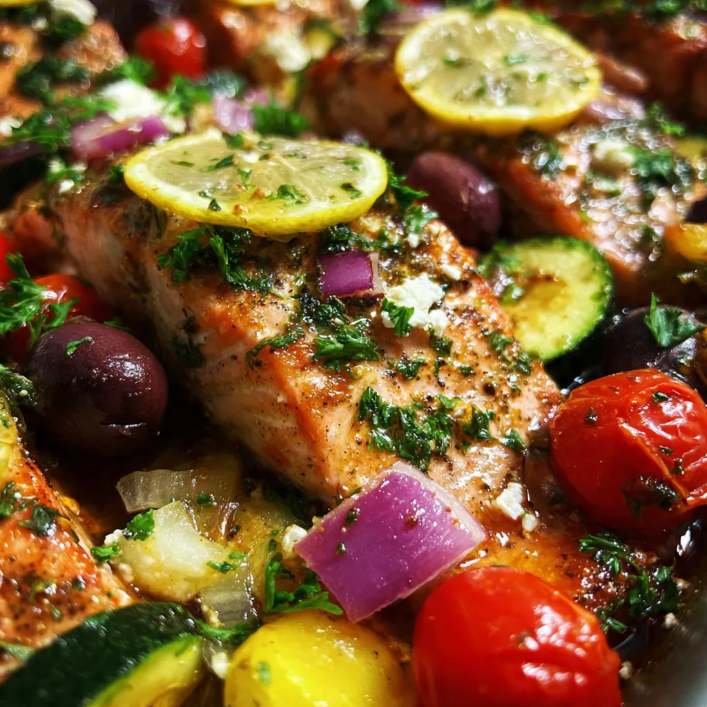 Close up shot of flaky salmon topped with crumbled feta cheese and bright green dill fronds