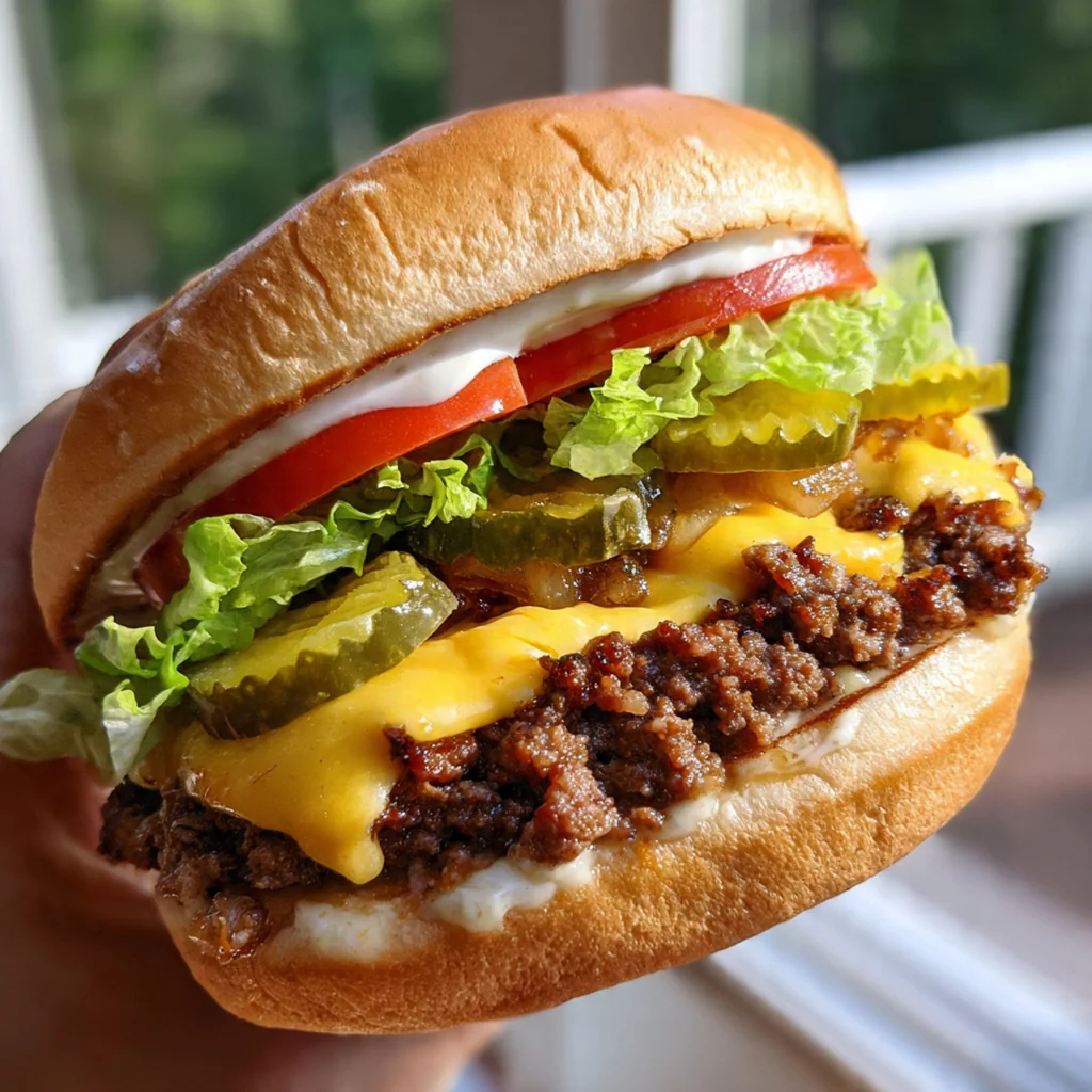 An overhead shot of a cast iron skillet with two juicy smashburgers cooking, showing the crispy edges