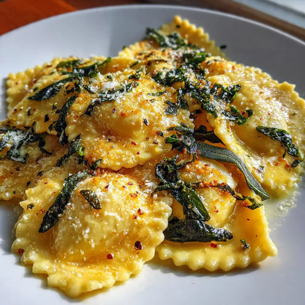 Close-up of tender cheese-filled ravioli with sage butter sauce and freshly grated Parmesan cheese
