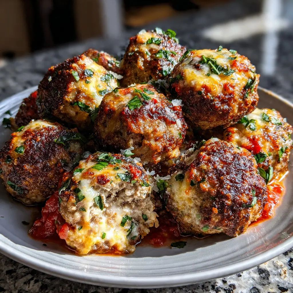 Plated Italian-American meal with mozzarella stuffed meatballs over pasta garnished with fresh basil
