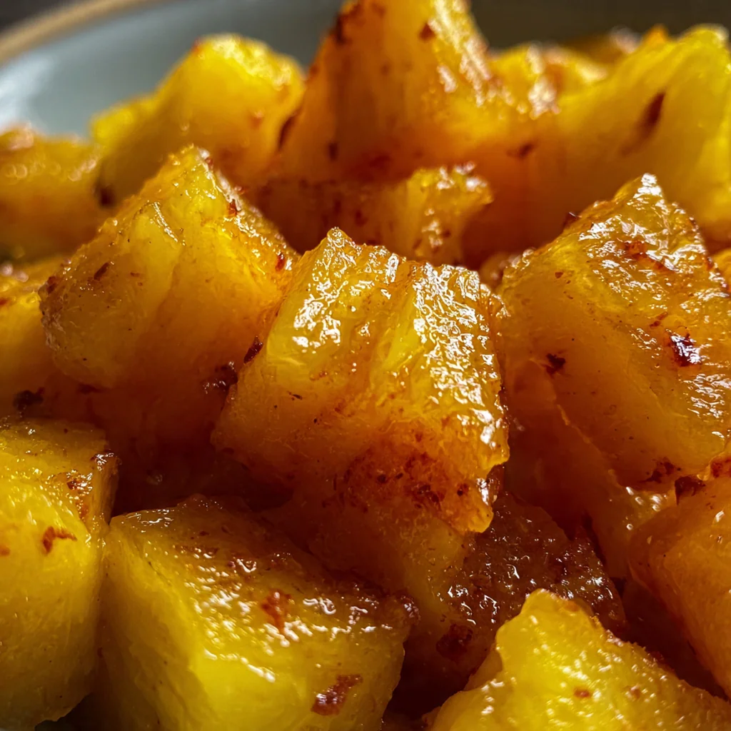 Fresh pineapple chunks simmering in a thick caramel syrup with vanilla and cinnamon