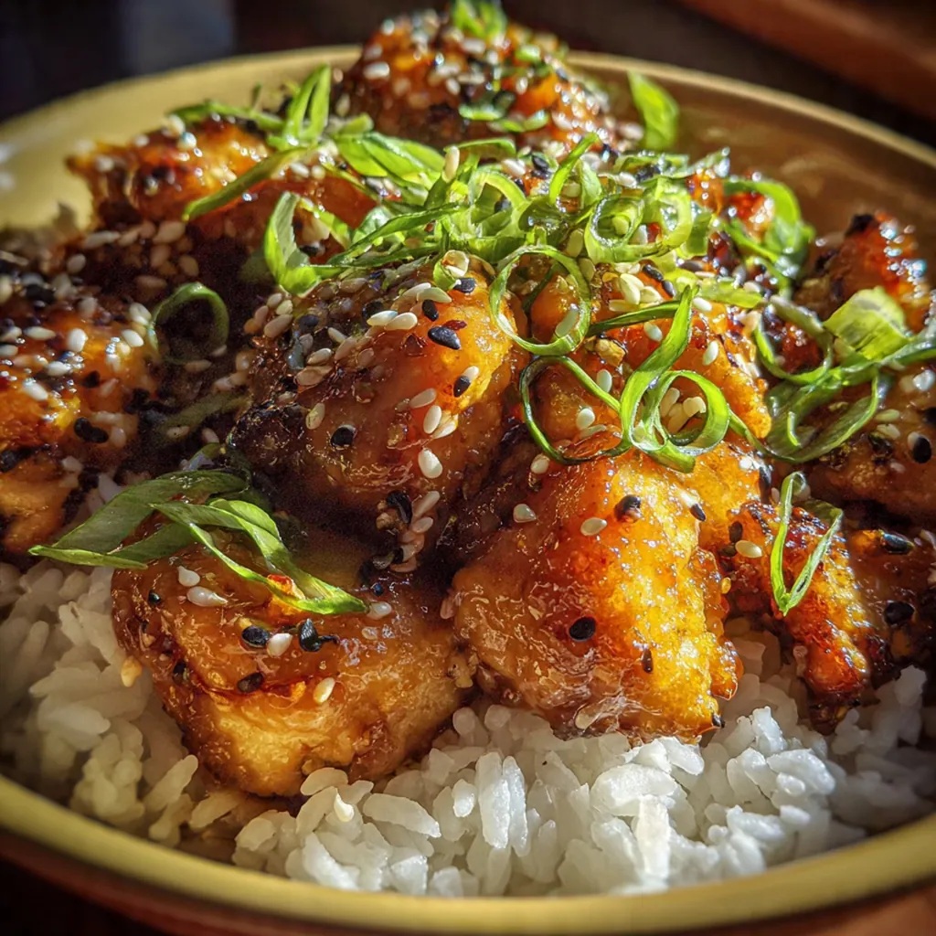 A full platter of honey garlic chicken served over fluffy white rice with green onion garnish