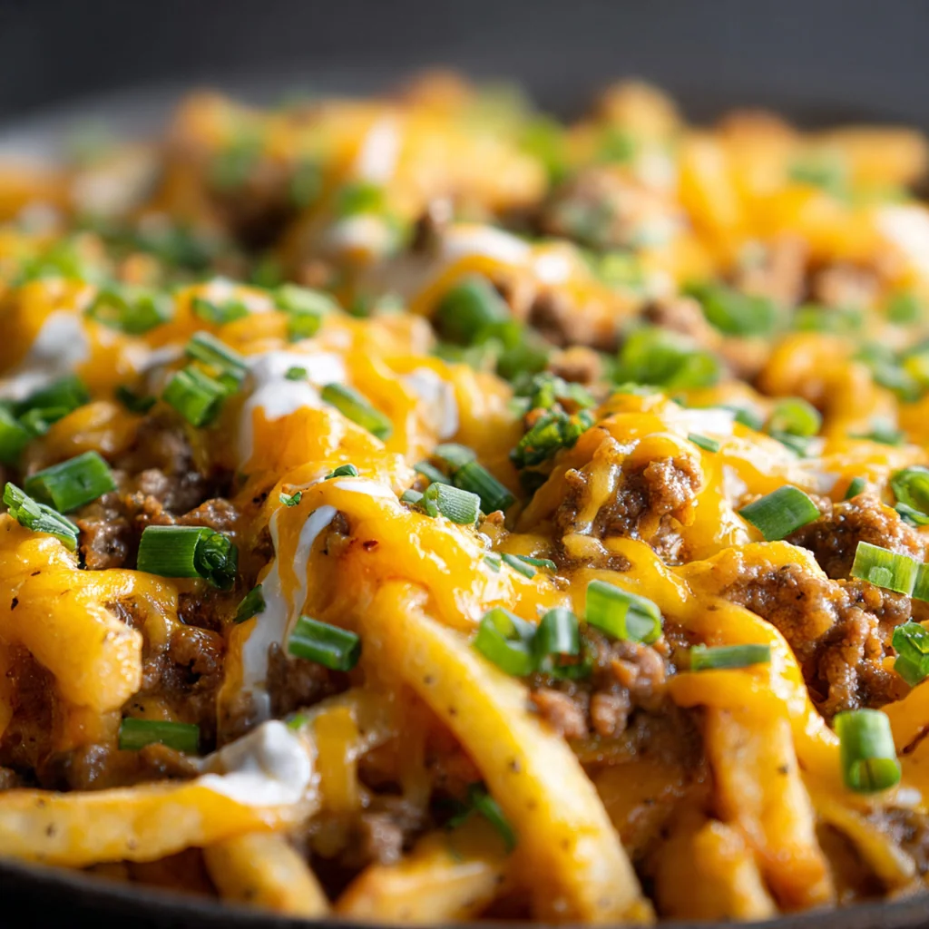 A hearty serving of French Fry Casserole Bake on a plate with a fresh side salad