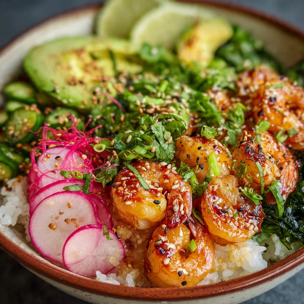 Deconstructed sushi bowl with fluffy rice base topped with nori strips, sesame seeds, and green onion garnish