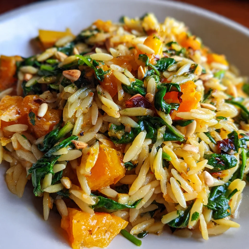 Close-up of a spoon lifting creamy orzo with tender squash and wilted spinach