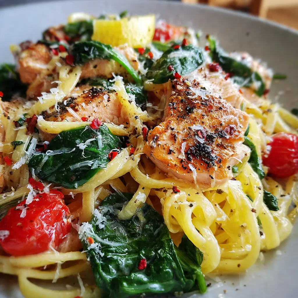 A skillet of silky garlic parmesan sauce with flaked salmon and wilted spinach