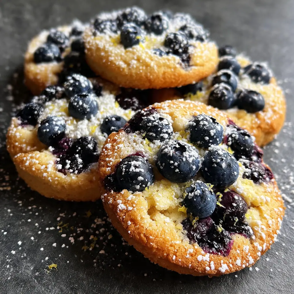 Blueberry cheesecake cookies drizzled with white chocolate and dusted with powdered sugar on a cooling rack