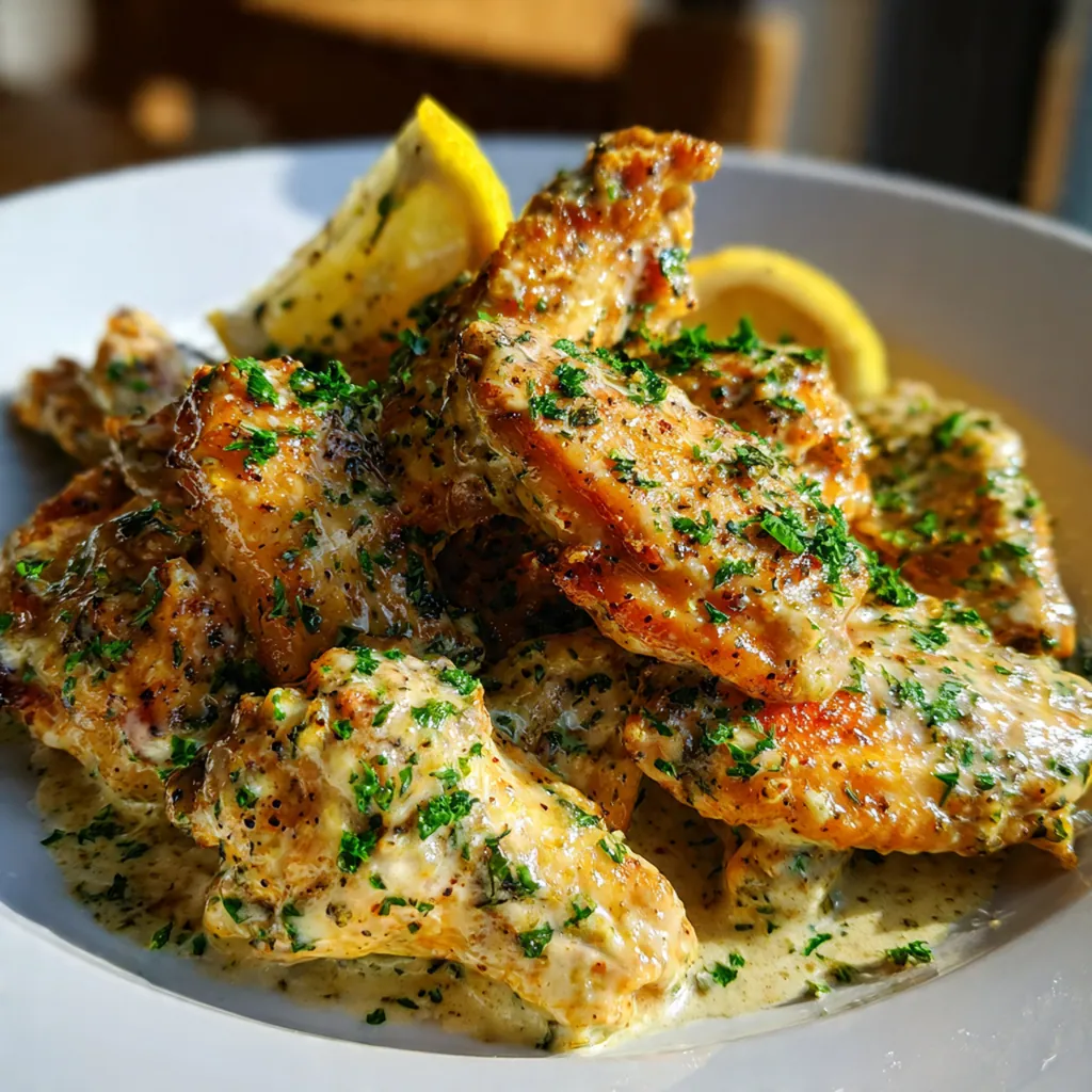 Close-up of a golden brown chicken wing dipped in velvety Alfredo sauce with grated Parmesan and parsley on top.