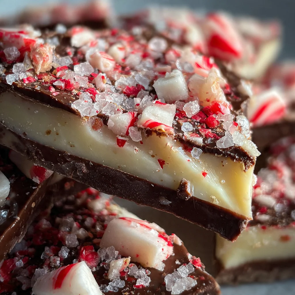Festive holiday table setting with a glass of milk and a generous pile of broken peppermint bark on a wooden board.