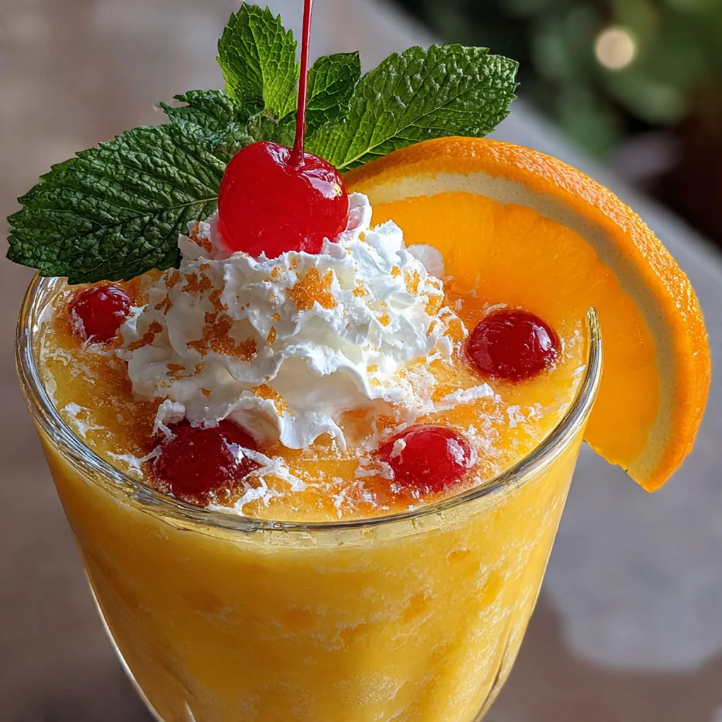 Close-up of a vibrant orange slushy with visible vanilla bean flecks and a fresh orange slice garnish
