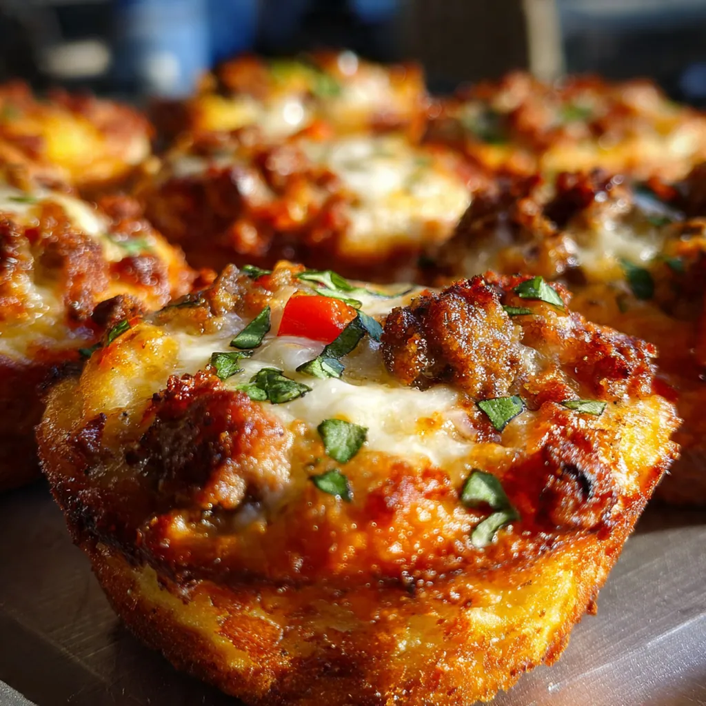 An overhead view of a platter of deep dish pizza cupcakes garnished with fresh basil, served with a side of marinara for dipping