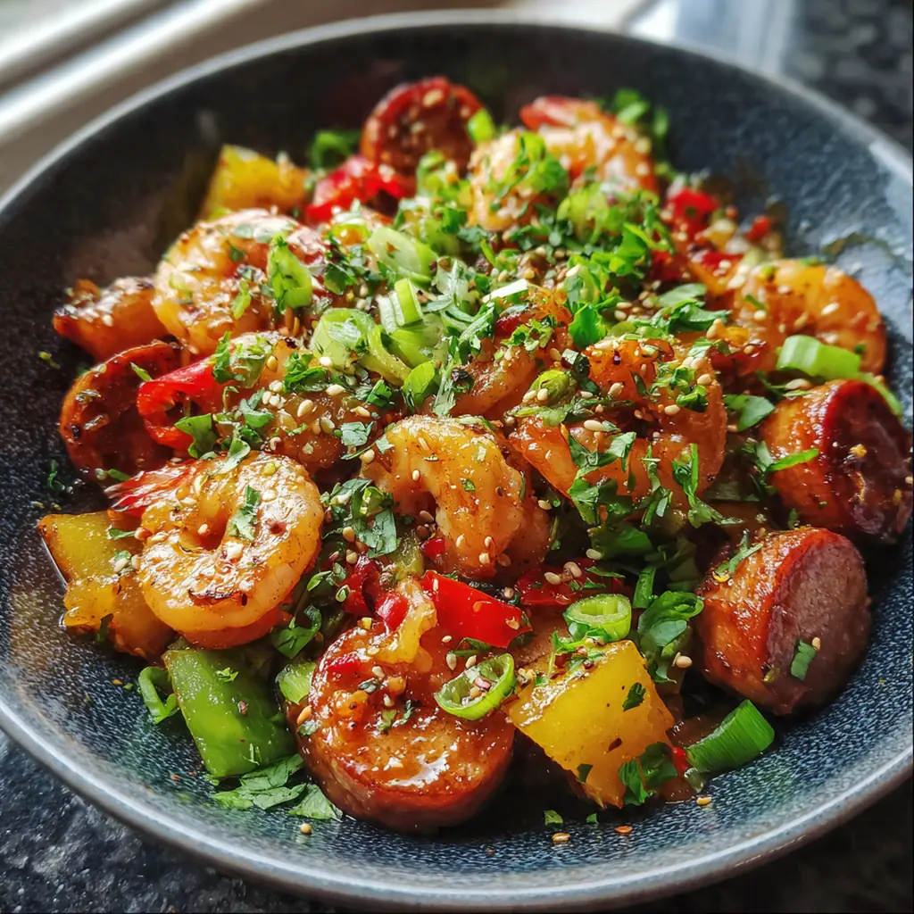 Close-up of sticky honey garlic shrimp sausage garnished with green onions on a white plate