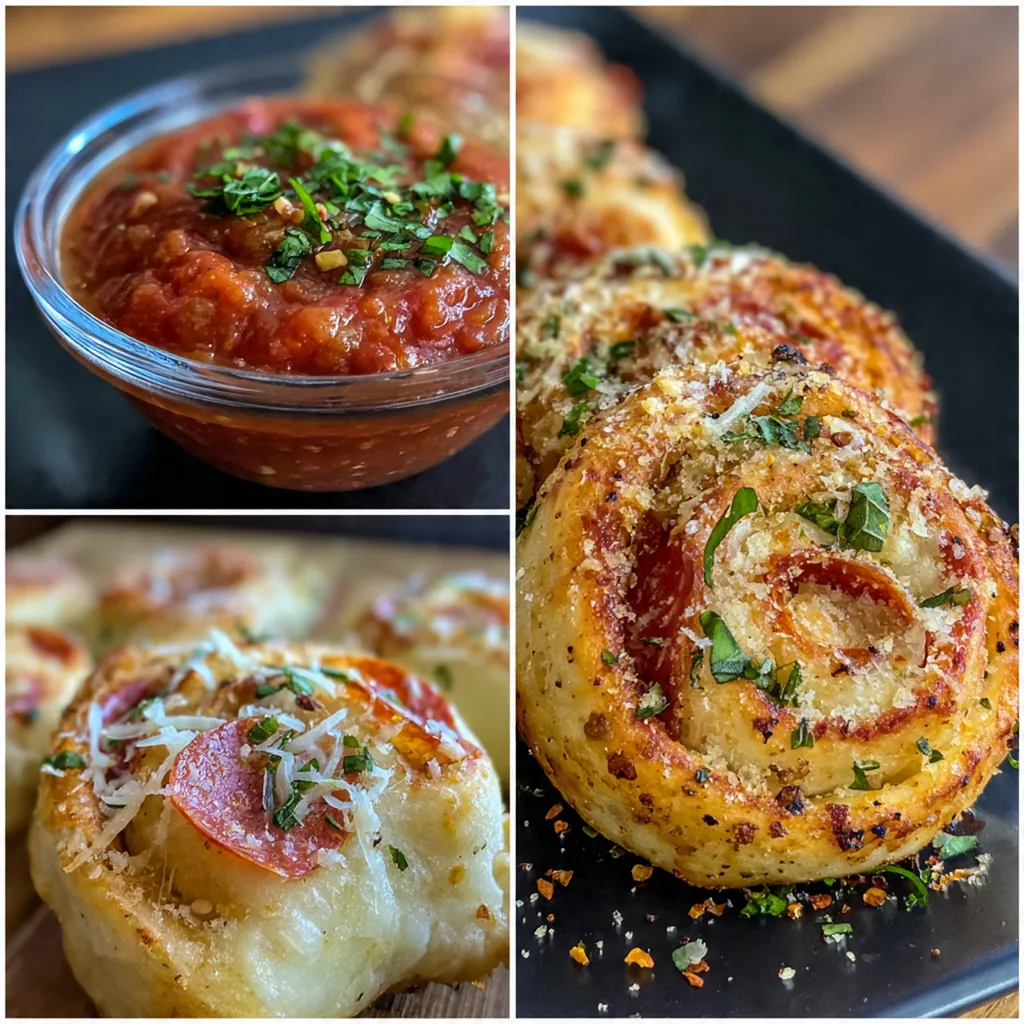 Freshly baked pizza roll poppers with marinara sauce for dipping and fresh basil garnish