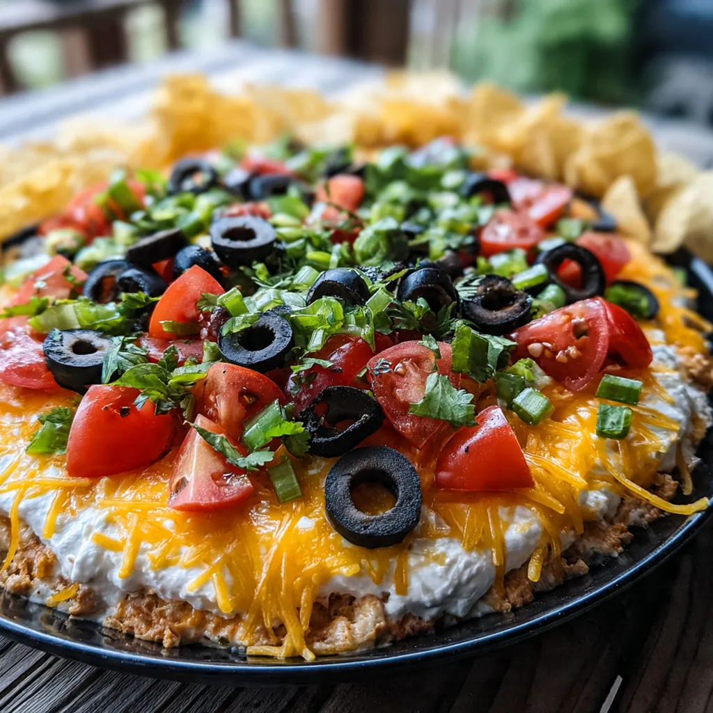 Close-up of a chip scooping through all the layers of beans, cream cheese, salsa, and fresh toppings