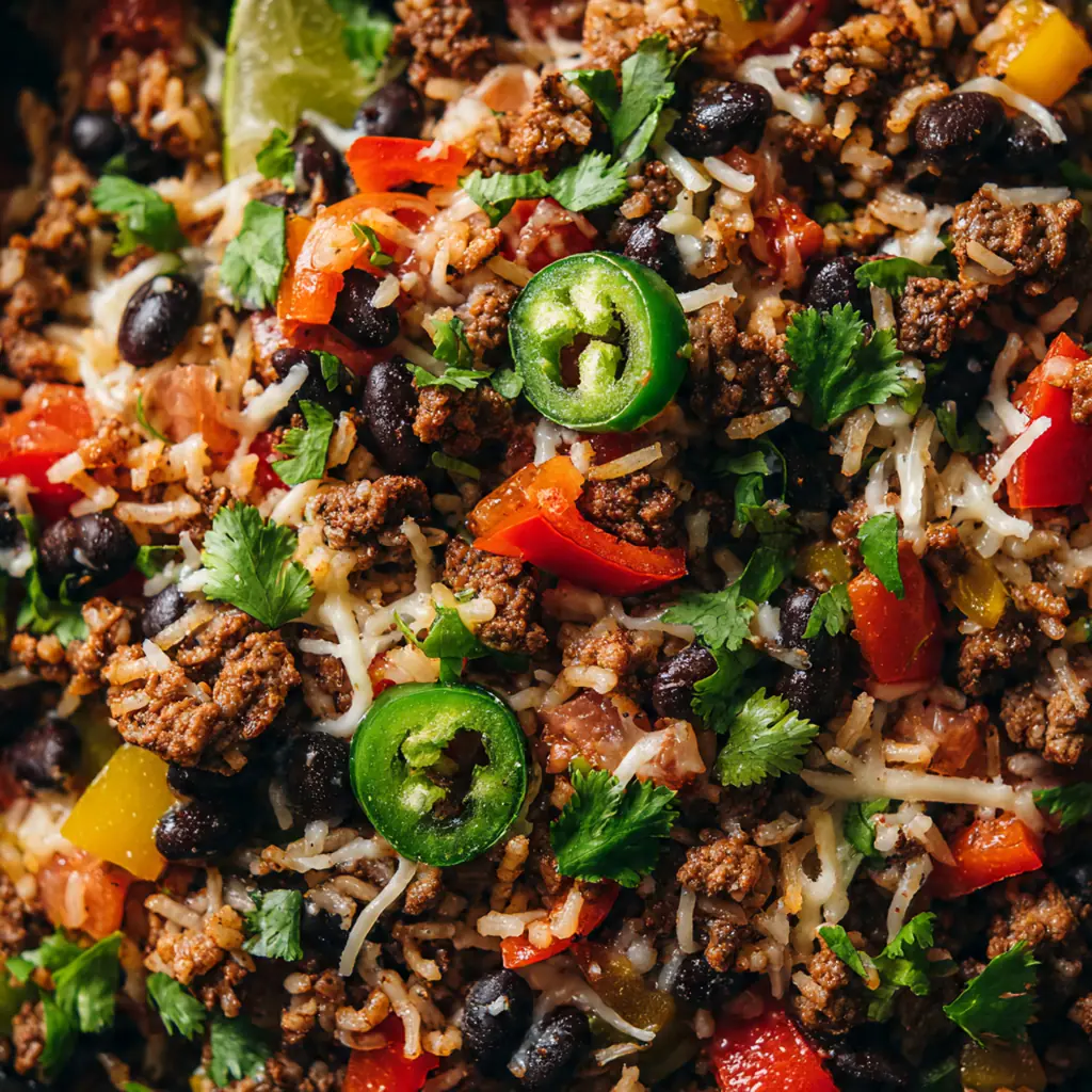 A complete dinner plate with the casserole, fresh avocado slices, lime wedges, and a sprinkle of cilantro