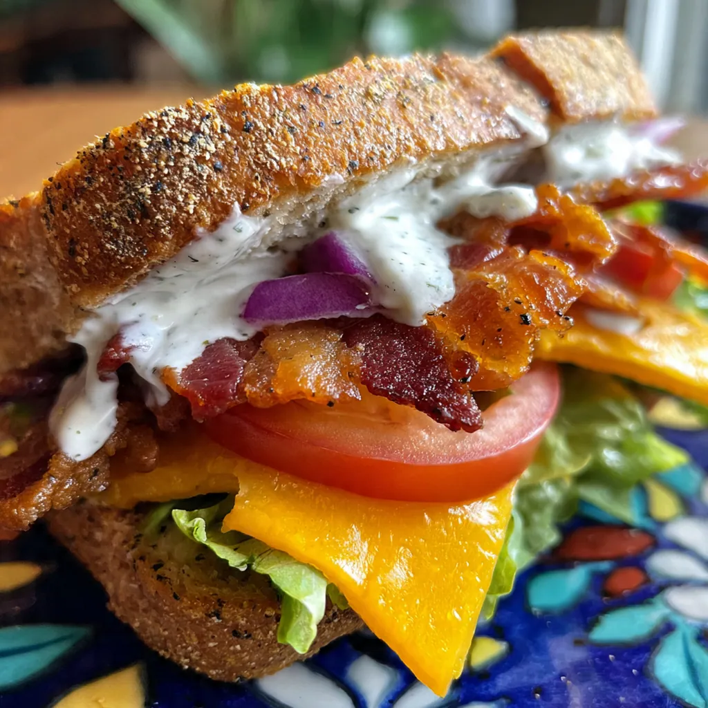 A complete plate featuring a golden brown Cheddar Bacon Ranch Melt with potato chips and pickles on the side.