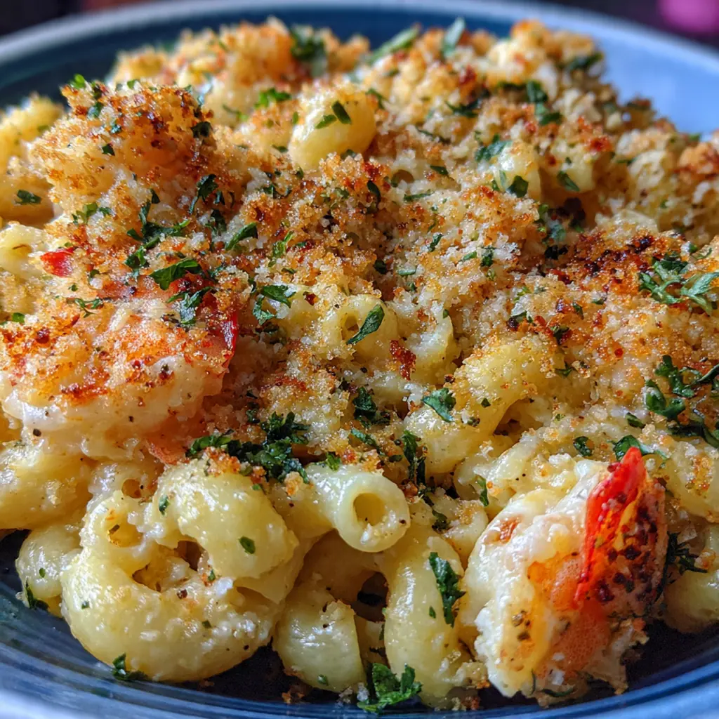 A full plate of seafood mac and cheese garnished with parsley and lemon wedges
