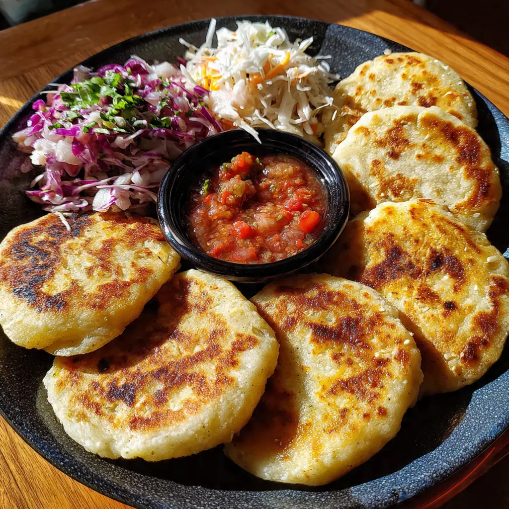 A vibrant serving platter with pupusas, a mound of curtido slaw, and a bowl of red salsa
