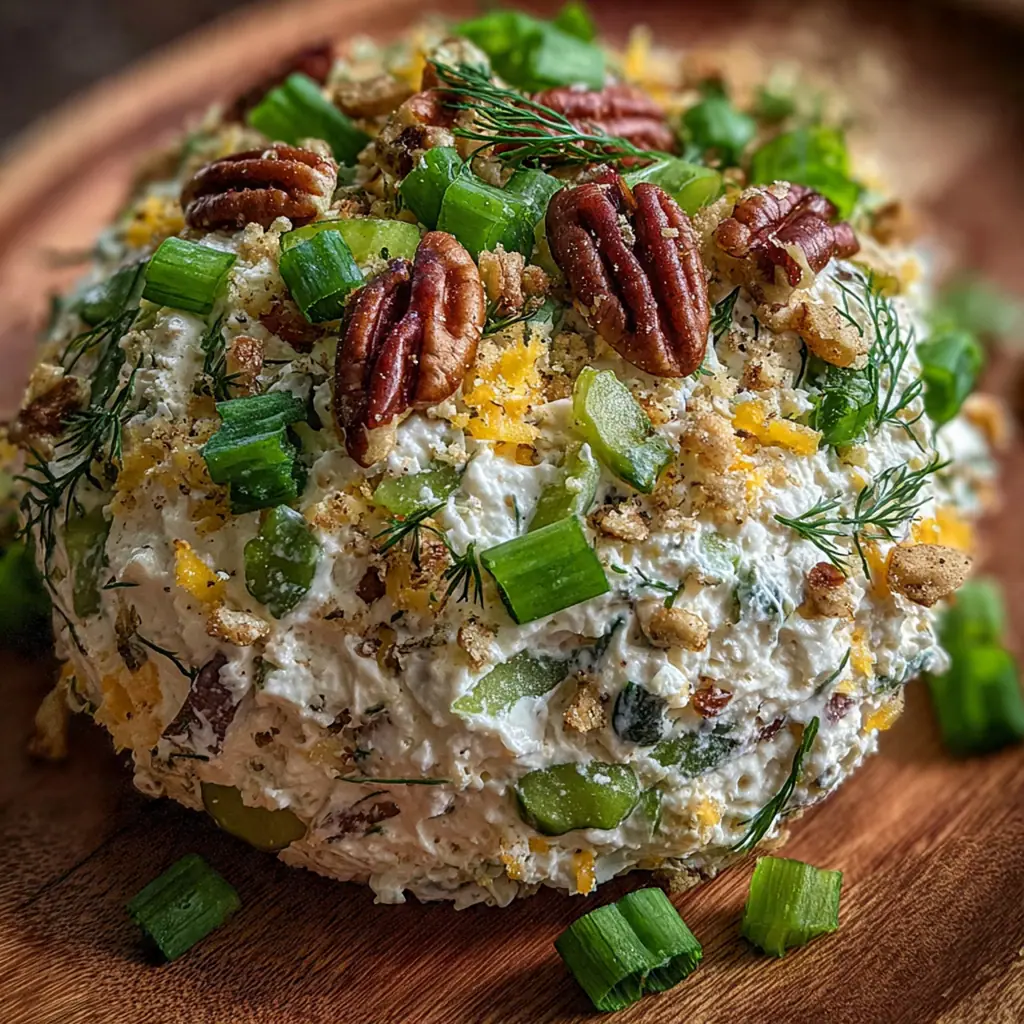 Close-up of tangy dill pickle cheese ball with parsley coating and crunchy coating