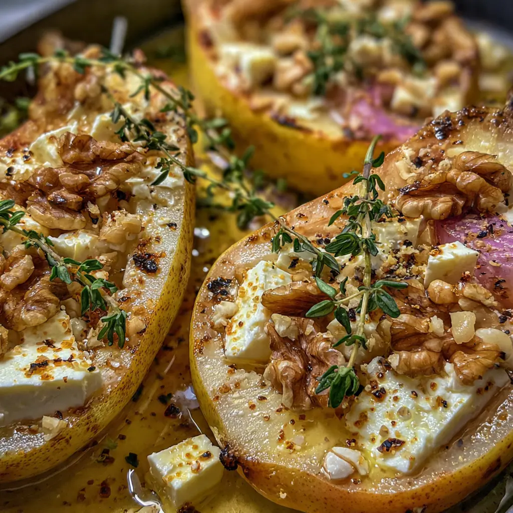 An elegant platter of baked pears with feta and honey served over a bed of fresh green arugula.