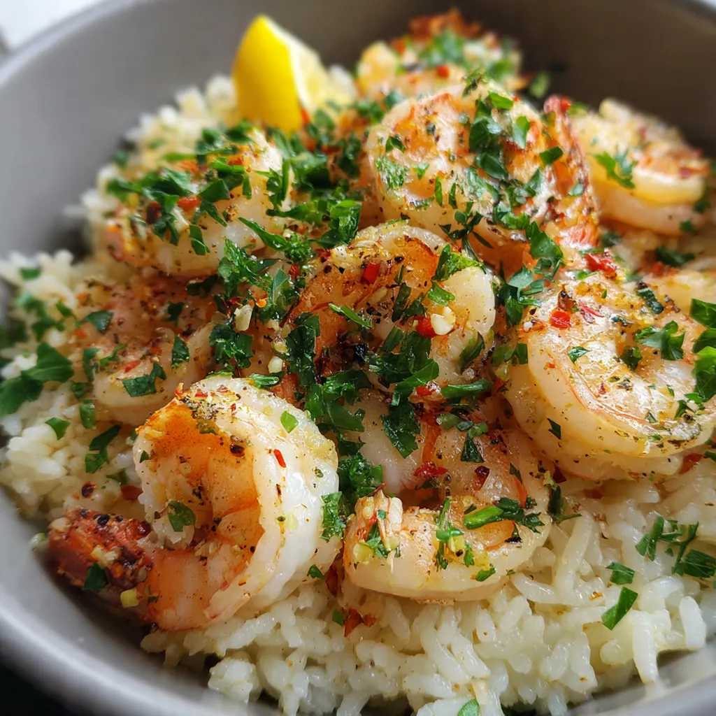 A complete dinner plate featuring the shrimp rice skillet next to a simple green salad and lemon wedge