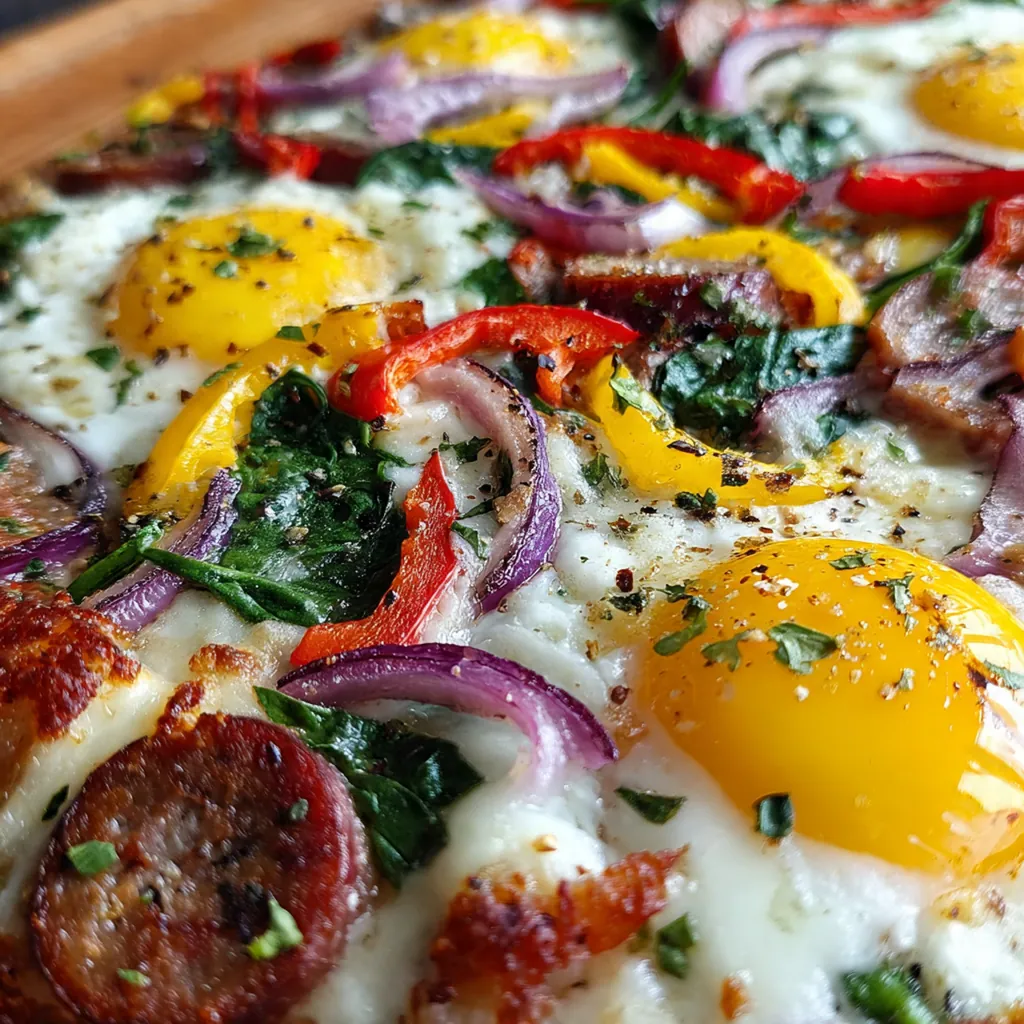 A rustic wooden table setting with a square of sheet pan breakfast pizza next to fresh fruit and coffee