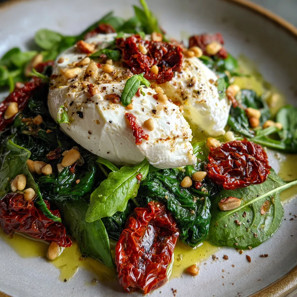 A rustic wooden board with the burrata dish, crusty bread, and a drizzle of balsamic glaze