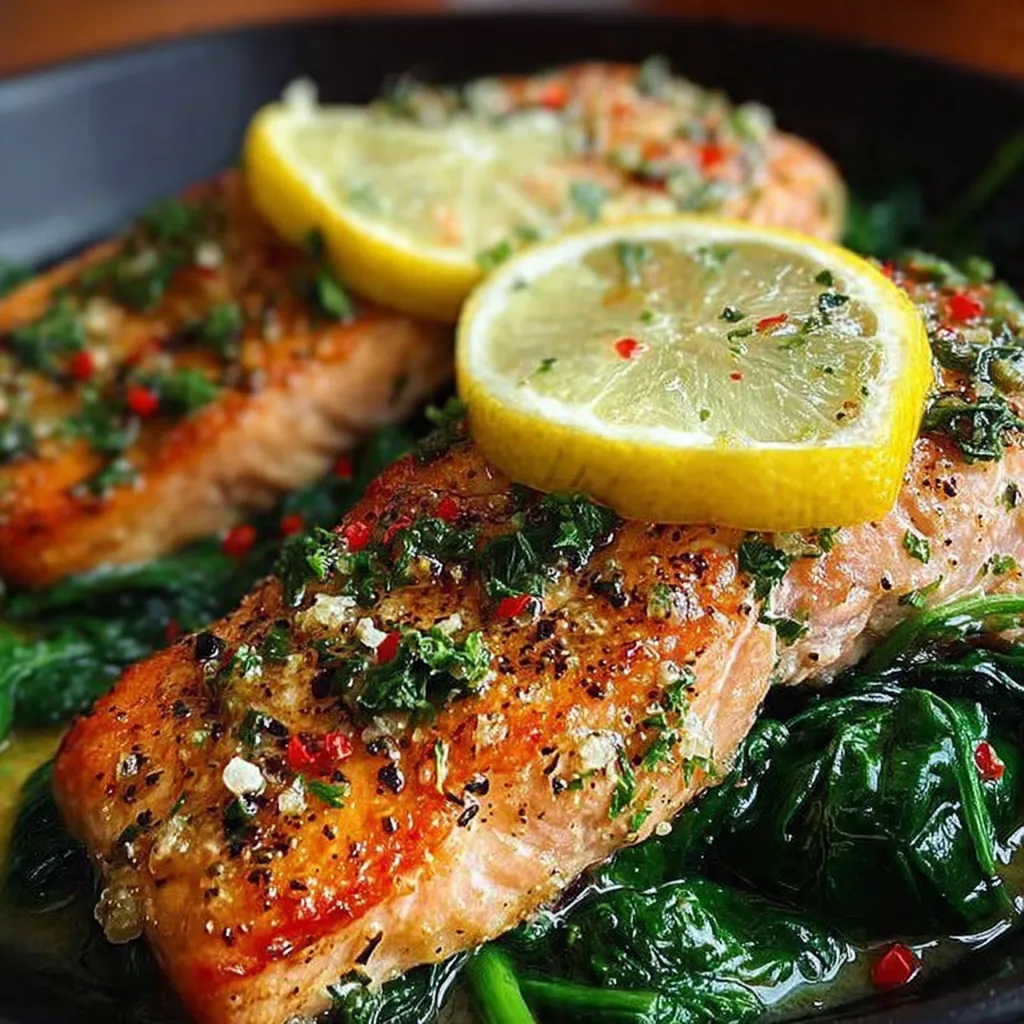 A beautiful skillet dinner with garlic butter salmon spinach served alongside lemon wedges and crusty bread