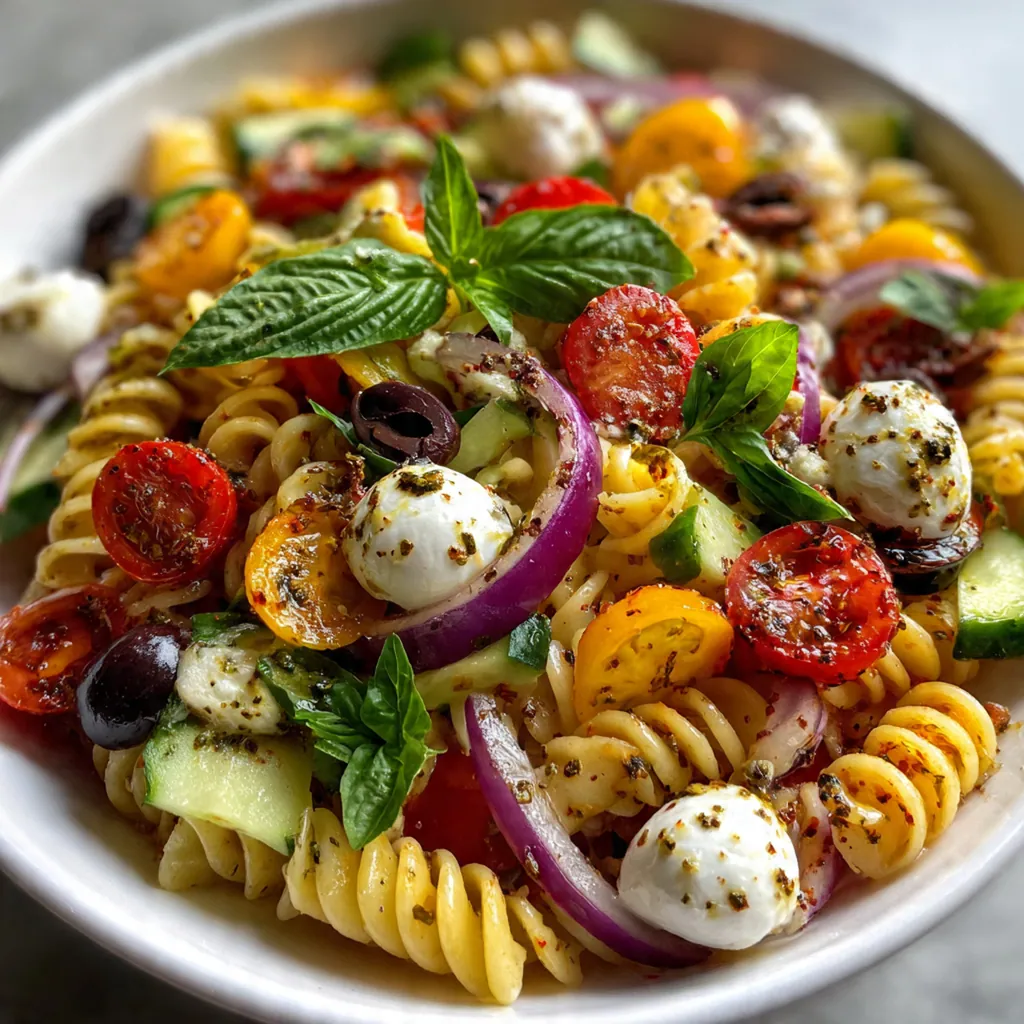Close-up of a serving spoon lifting a perfect bite of the tossed pasta salad with chickpeas and cheese