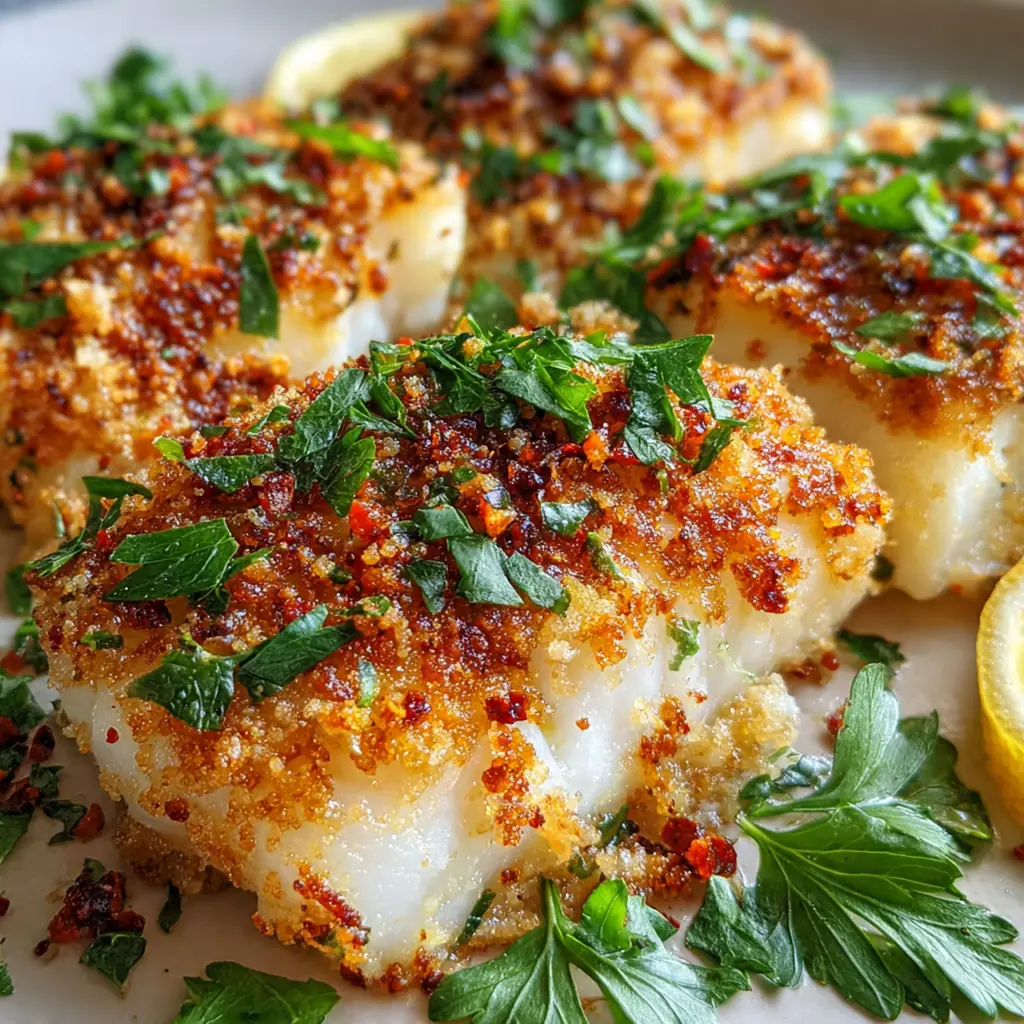 Plated air fryer cod garnished with fresh parsley and served with roasted vegetables